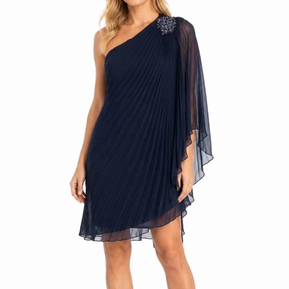 Xscape Sz 6 One Shoulder Pleated Bejeweled Lined Sheer Mini Dress Navy